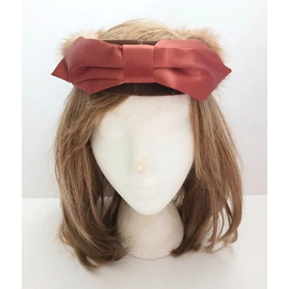 VTG Mink / Velvet Circle Hat Bronze Satin Bow Open Crown O/S